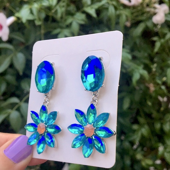 Iridescent Aquamarine Aurora Borealis + Pink Opal Crystal Flower Drop Earrings - Picture 3 of 8